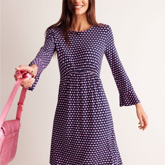 Boden Flute Long Sleeve A-Line Jersey Dress in Sherbert, Crescent Stamp Size 4L - Picture 3 of 13